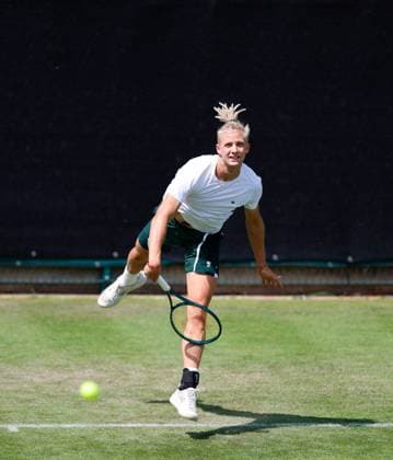 2nd June 2025; Edgbaston Priory Club, Birmingham, England: Lexus Birmingham Open Tennis, Day 1; Mark Lajal (EST) serves in his mens singles match against Coleman Wong (HKG)  ActionPlus12797671 RogerxEvans