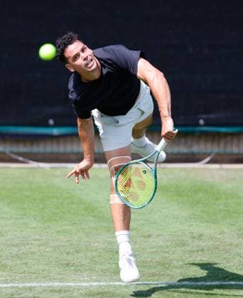2nd June 2025; Edgbaston Priory Club, Birmingham, England: Lexus Birmingham Open Tennis, Day 1; Alex Bolt (AUS) serves in his mens singles match against Giles Hussy (GBR)  ActionPlus12797688 RogerxEvans
