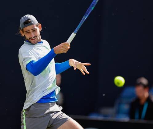 2nd June 2025; Edgbaston Priory Club, Birmingham, England: Lexus Birmingham Open Tennis, Day 1; LLoyd Harris (RSA) forehand in his mens singles match against Jay Clarke (GBR)  ActionPlus12797713 RogerxEvans