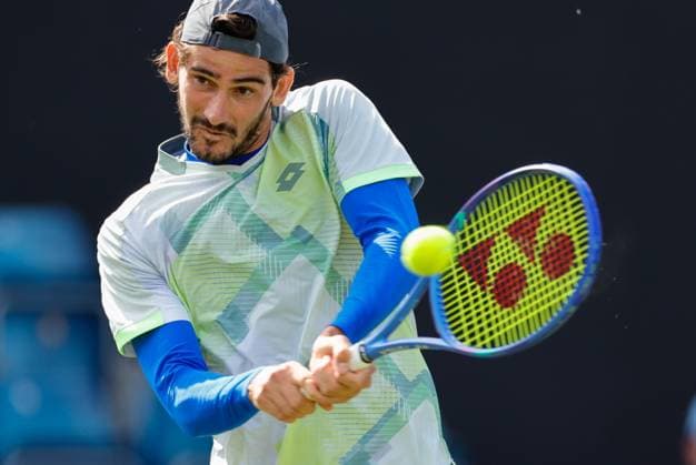 2nd June 2025; Edgbaston Priory Club, Birmingham, England: Lexus Birmingham Open Tennis, Day 1; LLoyd Harris (RSA) double handed backhand in his mens singles match against Jay Clarke (GBR)  ActionPlus12797719 RogerxEvans