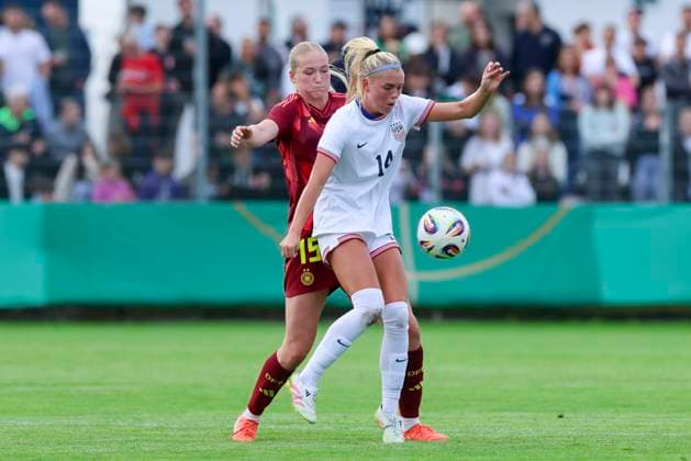 Camilla Kuever Germany and Riley Tiernan USA battle for the ball, Friendly match, Germany vs USA U23, Kramski Arena on June 02, 2025 in Pforzheim, Germany Photo by Marco Steinbrenner DeFodi Images Camilla Kuever Germany and Riley Tiernan USA battle for the ball, Friendly match, Germany vs USA U23, Kramski Arena, June 2, 2025 in Pforzheim, Germany Photo by Marco Steinbrenner DeFodi Images