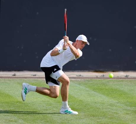 2nd June 2025; Edgbaston Priory Club, Birmingham, England: Lexus Birmingham Open Tennis, Day 1; Billy Harris (GBR) backhand in his mens singles match against Rinky Hijikata (AUS)  ActionPlus12797743 RogerxEvans