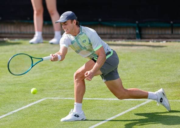 2nd June 2025; Edgbaston Priory Club, Birmingham, England: Lexus Birmingham Open Tennis, Day 1; Tristan Schoolkate (AUS) running forehand in his mens singles match against Nicholas Jarry (CHI)  ActionPlus12797729 RogerxEvans