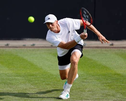 2nd June 2025; Edgbaston Priory Club, Birmingham, England: Lexus Birmingham Open Tennis, Day 1; Billy Harris (GBR) low forehand in his mens singles match against Rinky Hijikata (AUS)  ActionPlus12797744 RogerxEvans