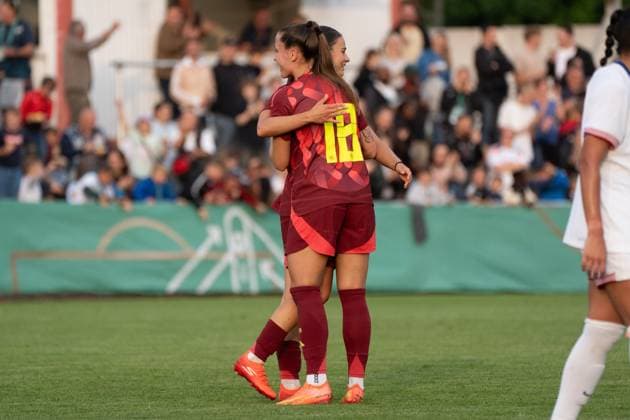 02 06 2025, xhfmx, Soccer U 23 Women International Match, Germany USA v l Tuana Mahmoud Germany U23 and Selina Vobian Germany U23 celebrate the 2 1 by Tuana Mahmoud Germany U23 DFL DFB REGULATIONS PROHIBIT ANY USE OF PHOTOGRAPHS as IMAGE SEQUENCES and or QUASI VIDEO Pforzheim