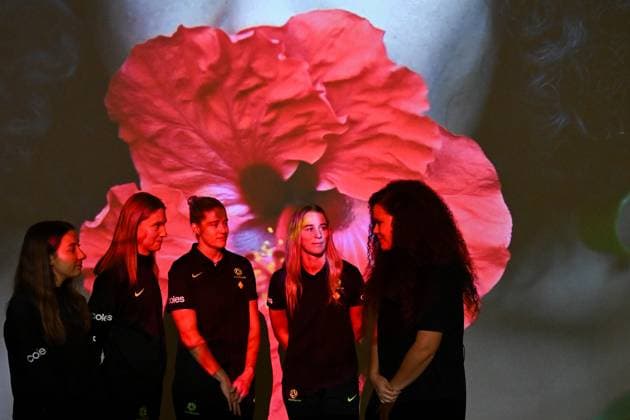MATILDAS NATIONAL PORTRAIT GALLERY ANNOUNCEMENT, Matildas players Clare Hunt, Clare Wheeler, Courtney Nevin and Teagan Micah speak to artist Angela Tiatia in front of one of her artworks during an announcement at the National Portrait Gallery Of Australia in Canberra, Tuesday, June 3, 2025. The National Portrait Gallery today announced a major new video portrait of all 23 players from the FIFA Women™s World Cup 2023 Final Squad to be finished by the end of the year. ( NO ARCHIVING Canberra Australian Capital Territory Australia  Copyright: xLukasxCochx 20250603112583588881