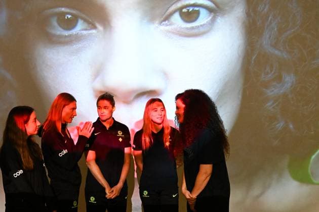 MATILDAS NATIONAL PORTRAIT GALLERY ANNOUNCEMENT, Matildas players Clare Hunt, Clare Wheeler, Courtney Nevin and Teagan Micah speak to artist Angela Tiatia in front of one of her artworks during an announcement at the National Portrait Gallery Of Australia in Canberra, Tuesday, June 3, 2025. The National Portrait Gallery today announced a major new video portrait of all 23 players from the FIFA Women™s World Cup 2023 Final Squad to be finished by the end of the year. ( NO ARCHIVING Canberra Australian Capital Territory Australia  Copyright: xLukasxCochx 20250603188061555972