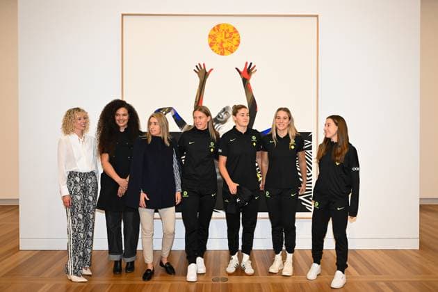MATILDAS NATIONAL PORTRAIT GALLERY ANNOUNCEMENT, National Portrait Gallery Director Bree Pickering, Matildas players Clare Hunt, Clare Wheeler, Courtney Nevin and Teagan Micah, Football Australia interim CEO Heather Garriock and artist Angela Tiatia pose for photographs during an announcement at the National Portrait Gallery Of Australia in Canberra, Tuesday, June 3, 2025. The National Portrait Gallery today announced a major new video portrait of all 23 players from the FIFA Women™s World Cup 2023 Final Squad to be finished by the end of the year. ( NO ARCHIVING Canberra Australian Capital Territory Australia  Copyright: xLukasxCochx 20250603163431761511