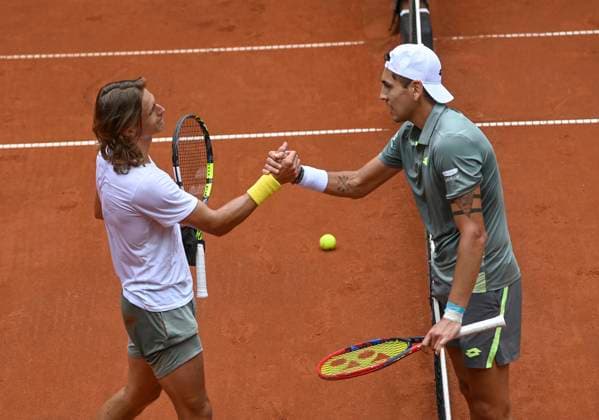 Hynek Barton of Czech Republic, left, greets Alejandro Tabilo of Chile, after Tabilo won their first round match of the UniCredit Czech Open, ATP, Tennis Herren Challenger tour in Prostejov, Czech Republic, June 3, 2025. (CTKxPhoto LudekxPerina) CTKPhotoP2025060303461  CTKPhotoP2025060303461