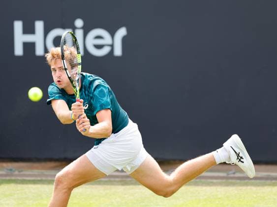 3rd June 2025; Edgbaston Priory Club, Birmingham, England: Lexus Birmingham Open Tennis, Day 2; Johannus Monday (GBR) running backhand in his mens singles match against Coleman Wong (HKG)  ActionPlus12797755 RogerxEvans