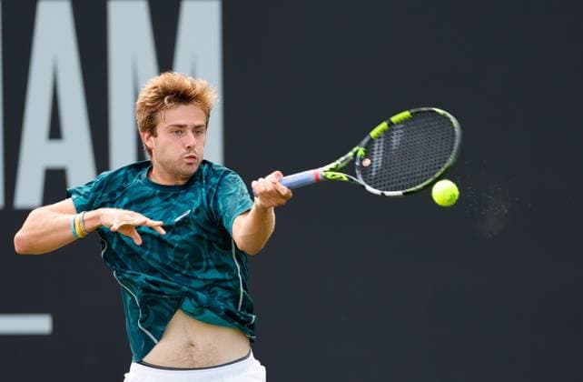 3rd June 2025; Edgbaston Priory Club, Birmingham, England: Lexus Birmingham Open Tennis, Day 2; Johannus Monday (GBR) forehand in his mens singles match against Coleman Wong (HKG)  ActionPlus12797757 RogerxEvans