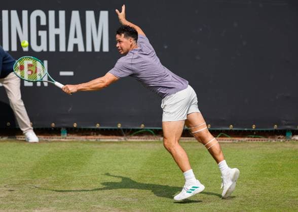 3rd June 2025; Edgbaston Priory Club, Birmingham, England: Lexus Birmingham Open Tennis, Day 2; Alex Bolt (AUS) running backhand in his mens singles match against Mackenzie McDonald (USA)  ActionPlus12797767 RogerxEvans