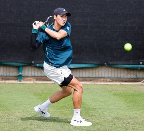 3rd June 2025; Edgbaston Priory Club, Birmingham, England: Lexus Birmingham Open Tennis, Day 2; Yosuke Watanuki (JPN) backhand in his mens singles match against Alexander Blockx (BEL)  ActionPlus12797800 RogerxEvans