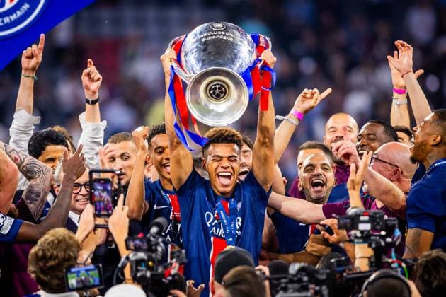 UEFA CHAMPIONS LEAGUE FINAL PARIS SAINT GERMAIN INTER MILAN Desire Doue of PSG celebrates with a trophy after the UEFA Champions League Final football match between Paris Saint Germain FC and Inter Milan. Allianz Arena (Munich Football Arena), Munich, Germany, May 31, 2025. Photo by Branislav Racko Copyright: xx 080A6309