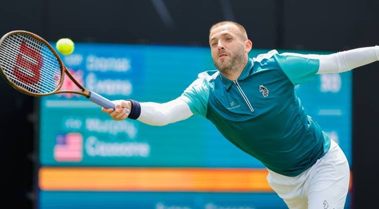 3rd June 2025; Edgbaston Priory Club, Birmingham, England: Lexus Birmingham Open Tennis, Day 2; Daniel Evans& xa0;(GBR) forehand in his mens singles match against Murphy Cassone (USA)  ActionPlus12797829 RogerxEvans