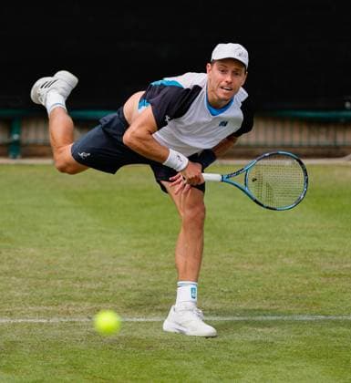 3rd June 2025; Edgbaston Priory Club, Birmingham, England: Lexus Birmingham Open Tennis, Day 2; James Duckworth (AUS) serves in his mens singles match against Brandon Holt (USA)  ActionPlus12797865 RogerxEvans