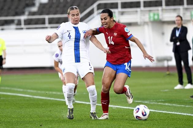 Finland s Ria Öling (L) and Serbia s Vesna Milivojevic during the Women s UEFA Nations League Group B3 football match between Finland and Serbia in Helsinki, Finland, on June 3, 2025. Helsinki Finland LKFTJK20250603201531FZAD  Copyright: xEmmixKorhonenx LKFTJK20250603201531FZAD