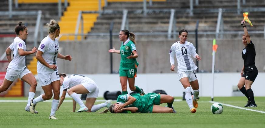 UEFA Women s Nations League 2025, Pairc Ui Chaoimh, Cork 3 6 2025 Republic of Ireland WNT vs Slovenia Ireland s Katie McCabe reacts after being fouled by Lara PraÅ¡nikar of Slovenia Katie McCabe reacts after being fouled by Lara PraÅ¡nikar 3 6 2025  Copyright: x INPHO RyanxByrnex RB1_9884