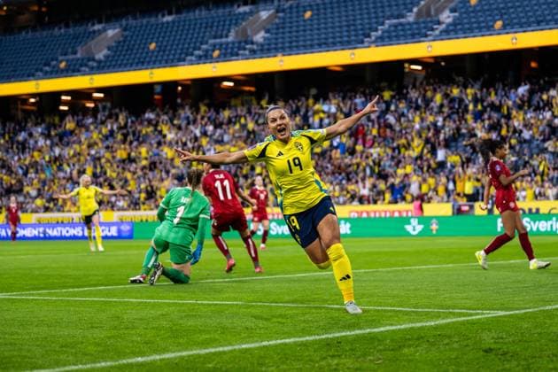 Bilder des Jahres 2025, Sport 06 Juni Sport Themen der Woche KW23 Sport Bilder des Tages 250603 Johanna Rytting Kaneryd of Sweden celebrates after scoring 2-0 during the Women s Nations League football match between Sweden and Denmark on June 3, 2025 in Stockholm. Photo: Joel Marklund BILDBYRAN kod JM JM0698 fotboll football soccer fotball nations league uefa womens nations league sverige sweden danmark denmark dam bbeng bbauto jubel *** 250603 Johanna Rytting Kaneryd of Sweden celebrates after scoring 2 0 during the Women s Nations League football match between Sweden and Denmark on June 3, 2025 in Stockholm Photo Joel Marklund BILDBYRAN kod JM JM0698 fotboll football soccer fotball nations league uefa womens nations league sverige sweden danmark denmark dam bbeng bbauto jubel  Copyright: JOELxMARKLUND BB250603JM023