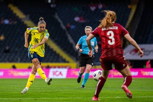 250603 Filippa Angeldahl of Sweden scores 3 0 during the Women s Nations League football match between Sweden and Denmark on June 3, 2025 in Stockholm Photo Joel Marklund BILDBYRAN kod JM JM0698 fotboll football soccer fotball nations league uefa womens nations league sverige sweden danmark denmark dam bbeng bbauto  Copyright: JOELxMARKLUND BB250603JM025