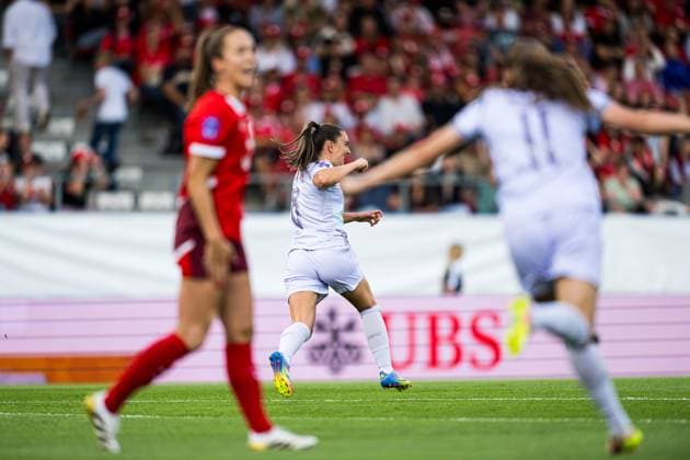 250603 Vilde Boe Risa of Norway celebrates after scoring the 0 1 goal during the UEFA Women™s Nations League football match between Switzerland and Norway on June 3, 2025 in Sion Photo Marius Simensen BILDBYRAN COP 238 bbeng dam football fotball fotboll jubel norge norway soccer sveits switzerland uefa women s nations league  Copyright: MARIUSxSIMENSEN BB250603BB563