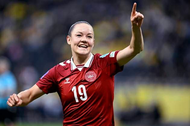 STOCKHOLM, SWEDEN 20250603 Denmarks 19 Janni Thomsen celebrates after scoring a goal and reducing the score to 3-1 during Tuesdays Nations League, Womens Division A, Group 4 match between Sweden and Denmark at Strawberry Arena STOCKHOLM SWEDEN x10050x  Copyright: xPontusxLundahl TTx NATIONS LEAGUE SVERIGE-DANMARK
