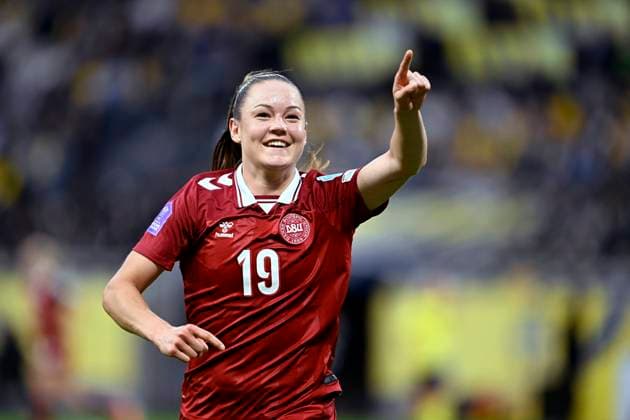 STOCKHOLM, SWEDEN 20250603 Denmarks 19 Janni Thomsen celebrates after scoring a goal and reducing the score to 3-1 during Tuesdays Nations League, Womens Division A, Group 4 match between Sweden and Denmark at Strawberry Arena STOCKHOLM SWEDEN x10050x  Copyright: xPontusxLundahl TTx NATIONS LEAGUE SVERIGE-DANMARK