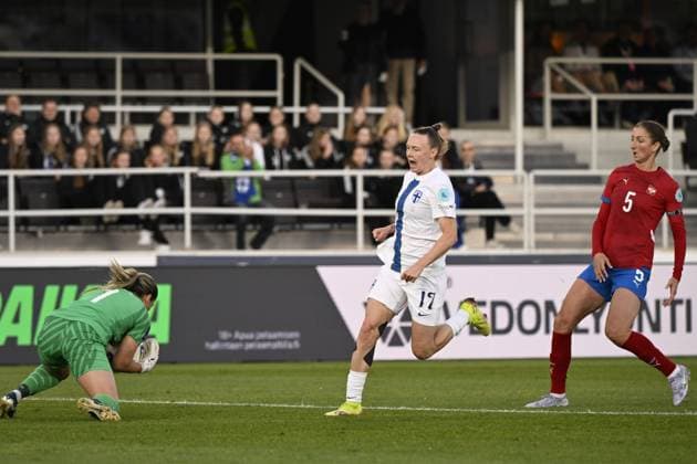 Goal keeper Milica Kostic of Serbia 1 blocks a shot of Sanni Franssi 17 of Finland during the Women s UEFA Nations League Group B3 football match between Finland and Serbia in Helsinki, Finland, on June 3, 2025. Helsinki Finland LKFTJK20250603212417UNCB  Copyright: xEmmixKorhonenx LKFTJK20250603212417UNCB