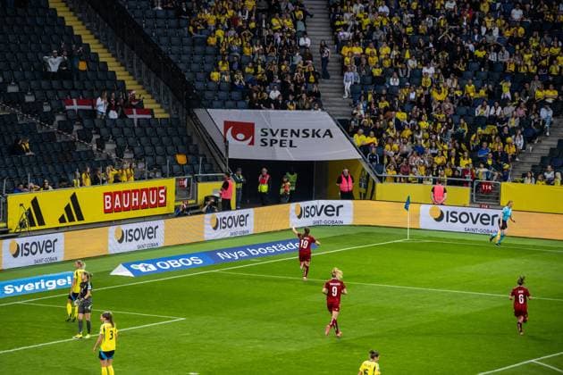 250603 Janni Thomsen of Denmark celebrates after scoring 3 1 during the Women s Nations League football match between Sweden and Denmark on June 3, 2025 in Stockholm Photo Simon Hastegard BILDBYRAN kod SH JM0698 fotboll football soccer fotball nations league uefa womens nations league sverige sweden danmark denmark dam bbeng jubel  Copyright: SIMONxHASTEGARD BB250603SH032