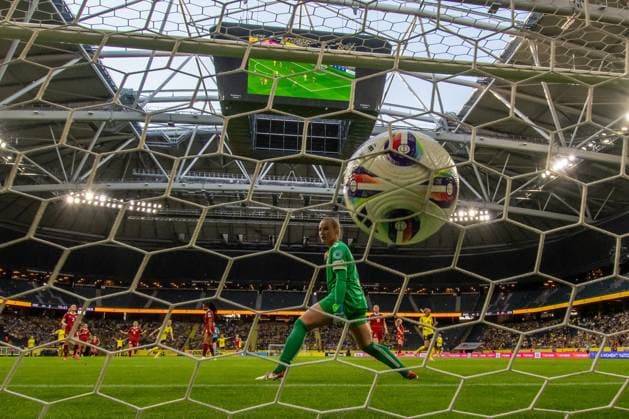 Strawberry Arena, Solna, Sweden, June 3rd 2025: Filippa Angeldal (16 Sweden) scores behind Maja Bay Ostergaard (1 Denmark) in the game in UEFA Nations League on June 3rd 2025 between Sweden and Denmark at Strawberry Arena in Solna, Sweden (Peter Sonander SPP) Copyright: xPeterxSonander SPPx spp-en-PeSo-PSon-20250603-194042_PS_2607
