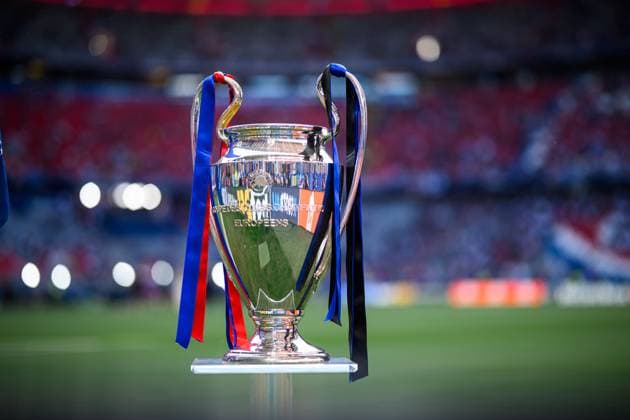 DUESSELDORF, GERMANY - 31 MAY, 2025: UEFA Champions League trophy displayed on pitch before final match between Paris Saint-Germain FC and Inter Milan at Allianz Arena.  Copyright: xVITALIIxKLIUIEVx