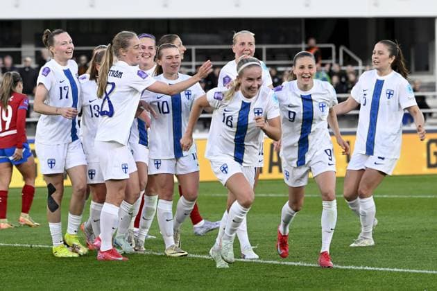 Nea Lehtola 16 of Finland celebrates with teammates after scoring her team s first goal during the Women s UEFA Nations League Group B3 football match between Finland and Serbia in Helsinki, Finland, on June 3, 2025. Helsinki Finland LKFTJK20250603213449LQYC  Copyright: xEmmixKorhonenx LKFTJK20250603213449LQYC