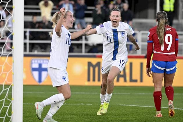 Nea Lehtola 16 celebrates with Sanni Franssi 17 of Finland after scoring her teams first goal during the Women s UEFA Nations League Group B3 football match between Finland and Serbia in Helsinki, Finland, on June 3, 2025. Helsinki Finland LKFTJK20250603213653BPMQ  Copyright: xEmmixKorhonenx LKFTJK20250603213653BPMQ
