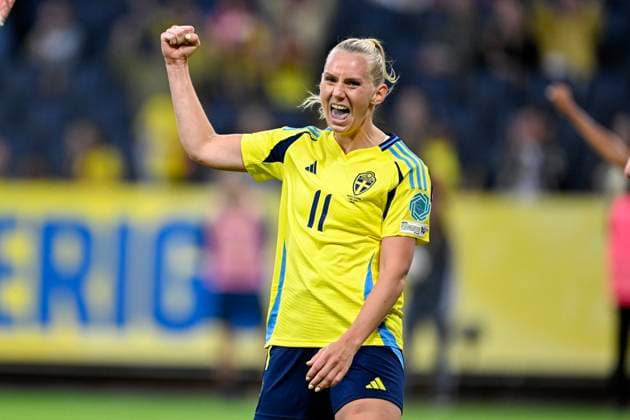 STOCKHOLM, SWEDEN 20250603 Swedens Stina Blackstenius celebrates after scoring her third goal, a hat trick, to make it 5-1 during Tuesdays Nations League, Womens Division A, Group 4 match between Sweden and Denmark at Strawberry Arena STOCKHOLM SWEDEN x10050x  Copyright: xPontusxLundahl TTx NATIONS LEAGUE SVERIGE-DANMARK