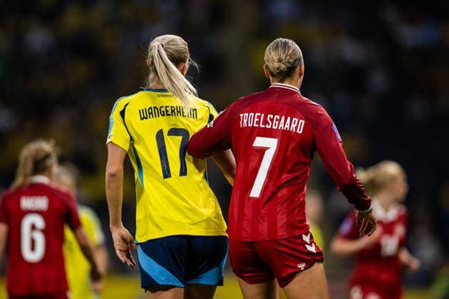 250603 Ellen Wangerheim of Sweden and Sanne Troelsgaard of Denmark during the Women s Nations League football match between Sweden and Denmark on June 3, 2025 in Stockholm Photo Joel Marklund BILDBYRAN kod JM JM0698 fotboll football soccer fotball nations league uefa womens nations league sverige sweden danmark denmark dam bbeng  Copyright: JOELxMARKLUND BB250603JM087