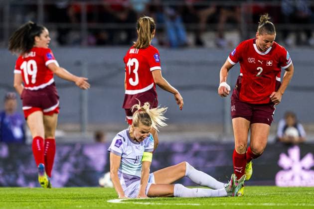 250603 Ada Hegerberg of Norway reacts during the UEFA Women™s Nations League football match between Switzerland and Norway on June 3, 2025 in Sion Photo Marius Simensen BILDBYRAN COP 238 bbeng dam football fotball fotboll norge norway soccer sveits switzerland uefa women s nations league  Copyright: MARIUSxSIMENSEN BB250603BB693