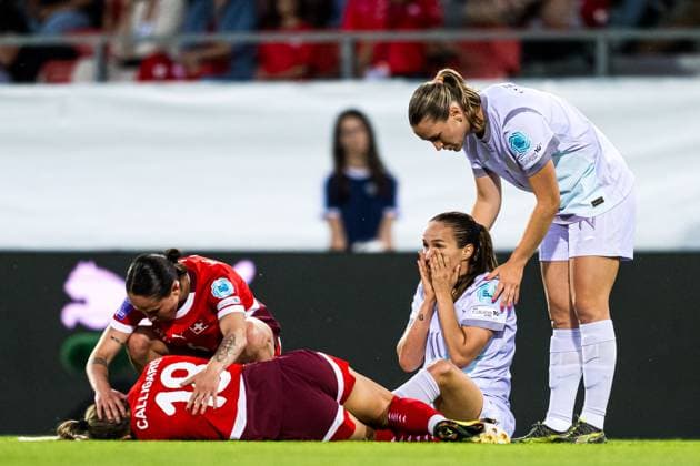 250603 Viola Calligaris of Switzerland and Guro Reiten of Norway during the UEFA Women™s Nations League football match between Switzerland and Norway on June 3, 2025 in Sion Photo Marius Simensen BILDBYRAN COP 238 bbeng dam football fotball fotball norge norway soccer sveits switzerland uefa women s nations league  Copyright: MARIUSxSIMENSEN BB250603BB704