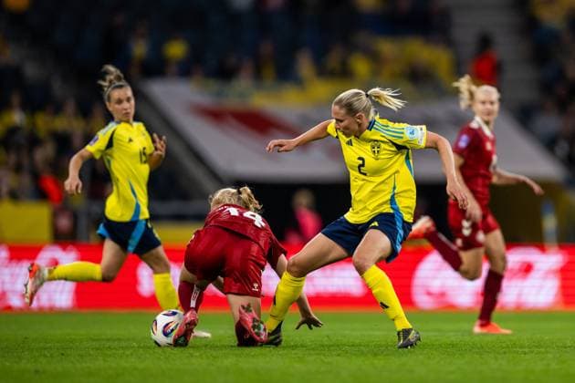 250603 Sofie Bredgaard of Denmark and Jonna Andersson of Sweden during the Women s Nations League football match between Sweden and Denmark on June 3, 2025 in Stockholm Photo Joel Marklund BILDBYRAN kod JM JM0698 fotboll football soccer fotball nations league uefa womens nations league sverige sweden danmark denmark dam bbeng bbauto  Copyright: JOELxMARKLUND BB250603JM101