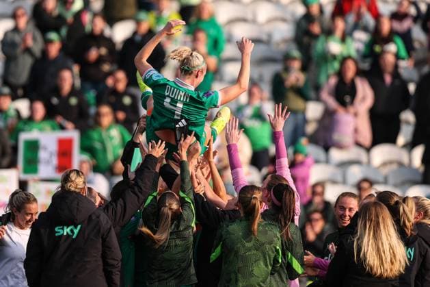 UEFA Women s Nations League 2025, Pairc Ui Chaoimh, Cork 3 6 2025 Republic of Ireland WNT vs Slovenia Ireland s Louise Quinn is tossed into the air above the Ireland team huddle after the game Louise Quinn is tossed into the air above the Ireland team huddle after the game 3 6 2025  Copyright: x INPHO BenxBradyx BB3_2262