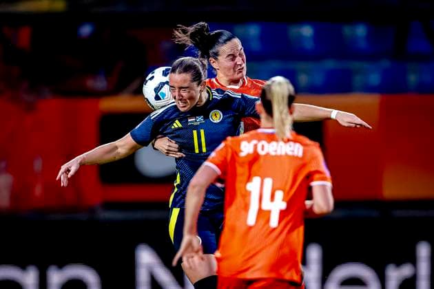 Scotland forwarder Kathleen Mary McGovern, Netherlands defender Caitlin Dijkstra during the match Netherlands Scotland women at the Koning Willem II stadium for the UEFA Nations League women season 2024 2025 in TILBURG, Netherlands on 3 june 2025, photo by Marcel van Dorst EYE4images DeFodi Images