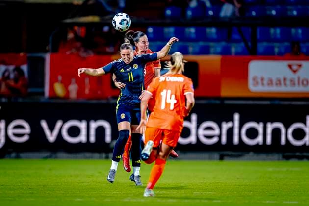 Scotland forwarder Kathleen Mary McGovern, Netherlands defender Caitlin Dijkstra during the match Netherlands Scotland women at the Koning Willem II stadium for the UEFA Nations League women season 2024 2025 in TILBURG, Netherlands on 3 june 2025, photo by Marcel van Dorst EYE4images DeFodi Images