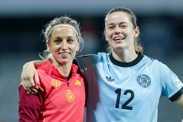 Kathrin Hendrich Germany and goalkeeper Stina Johannes Germany smile, UEFA Women s Nations League 2024 25 Grp A1 MD6, Austria and Germany, Viola Park on June 03, 2025 in Vienna, Austria Photo by Marco Steinbrenner DeFodi Images Kathrin Hendrich Germany and goalkeeper Stina Johannes Germany smile, UEFA Women s Nations League 2024 25 Grp A1 MD6, Austria and Germany, Viola Park, June 3, 2025 in Vienna, Austria Photo by Marco Steinbrenner DeFodi Images