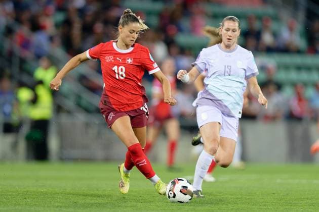 Sion, Switzerland, June 03 2025 : Viola Calligaris (18 Switzerland) in action (close up) Elisabeth Terland (19 Norway) during the UEFA Women s Nations League game between Switzerland and Norway at Stade de Tourbillon in Sion, Switzerland (Giuseppe Velletri SPP) Copyright: xGiuseppexVelletrix xSPPx spp-en-GiVeSp-DZ9_8032
