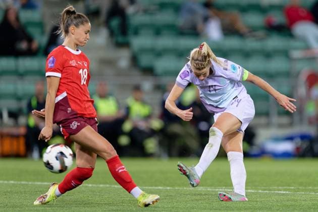 Sion, Switzerland, June 03 2025 : Ada Hegerberg (14 Norway) shoots the ball (action) Viola Calligaris (18 Switzerland) during the UEFA Women s Nations League game between Switzerland and Norway at Stade de Tourbillon in Sion, Switzerland (Giuseppe Velletri SPP) Copyright: xGiuseppexVelletrix xSPPx spp-en-GiVeSp-DZ9_8088