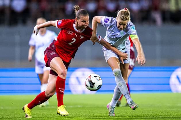 250603 Julia Stierli of Switzerland and Ada Hegerberg of Norway during the UEFA Women™s Nations League football match between Switzerland and Norway on June 3, 2025 in Sion Photo Marius Simensen BILDBYRAN COP 238 bbeng dam football fotball fotball norge norway soccer sveits switzerland uefa women s nations league  Copyright: MARIUSxSIMENSEN BB250603BB963