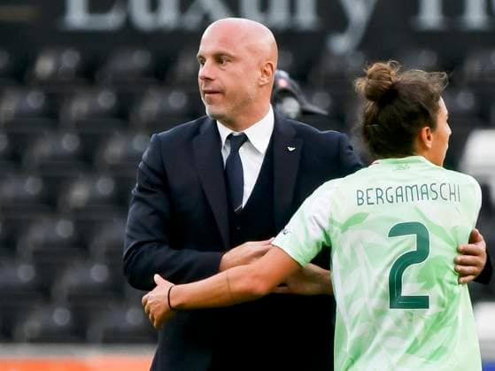 Football - Women™s Nations League - League A - Group 4 - Wales vs Italy - Swansea.com Stadium - Tuesday 3rd June 2025 Italy Women s football Team Manager Andrea Soncin with arm around Valentina Bergamaschi ITALY WOMEN as Italy celebrates victory COLORSPORT Winston Bynorth 