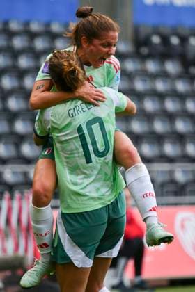 Football - Women™s Nations League - League A - Group 4 - Wales vs Igtaly - Swansea.com Stadium - Tuesday 3rd June 2025 Cristiana Girelli ITALY WOMEN celebrates scoring her team s second goal with the scorer of the first, Elena Linari ITALY WOMEN COLORSPORT Winston Bynorth 