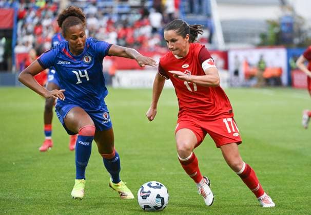 June 3, 2025, Montreal, Pq, Canada: Canada s Jessie Fleming (17) tries to get by Haiti s Amandine Pierre-Louis (14) during first half international soccer action in Montreal, Tuesday, June 3, 2025. Jessie Fleming, Amandine Pierre-Louis,  - ZUMAc35_ 20250603_zaf_c35_098 Copyright: xGrahamxHughesx