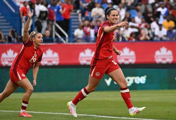 June 3, 2025, Montreal, Pq, Canada: Canada s Evelyne Viens, right, reacts after scoring against Haiti during first half international soccer action in Montreal, Tuesday, June 3, 2025. Evelyne Viens, - ZUMAc35_ 20250603_zaf_c35_100 Copyright: xGrahamxHughesx