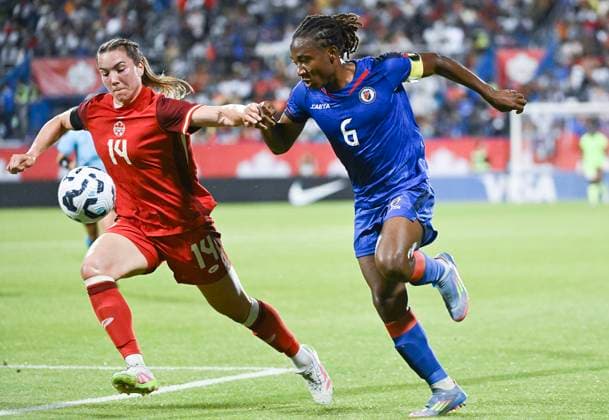 June 3, 2025, Montreal, Pq, Canada: Haiti s Melchie Dumornay (6) challenges Canada s Vanessa Gilles (14) during second half international soccer action in Montreal, Tuesday, June 3, 2025. Roseline Eloissaint, Vanessa Gilles,  - ZUMAc35_ 20250603_zaf_c35_104 Copyright: xGrahamxHughesx